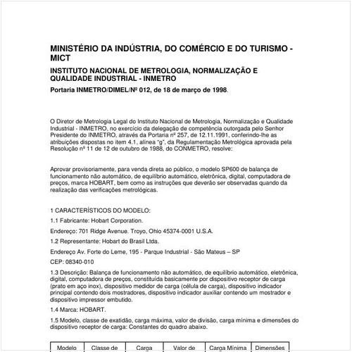 Portaria DIMEL/INMETRO 12:1998 - Situação: Em vigor