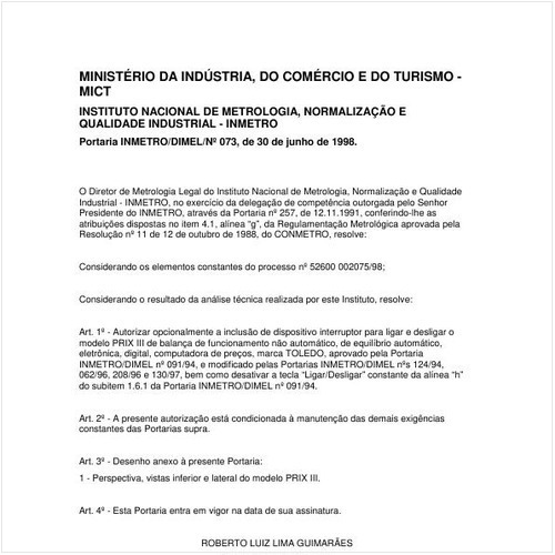 Portaria DIMEL/INMETRO 73:1998 - Situação: Em vigor