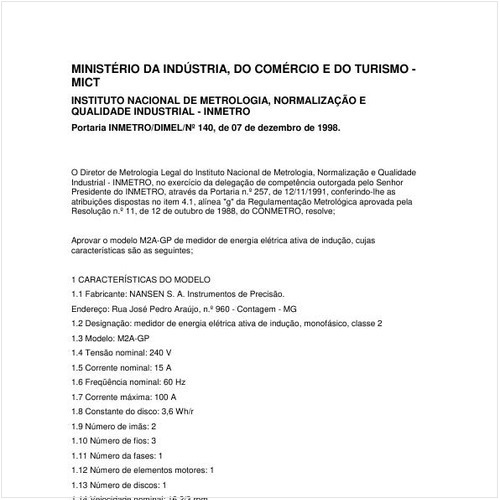Portaria DIMEL/INMETRO 140:1998 - Situação: Em vigor