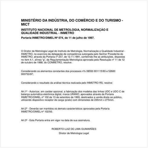 Portaria DIMEL/INMETRO 74:1997 - Situação: Em vigor