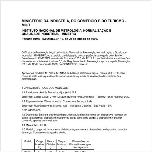 Portaria DIMEL/INMETRO 17:1996 - Situação: Em vigor
