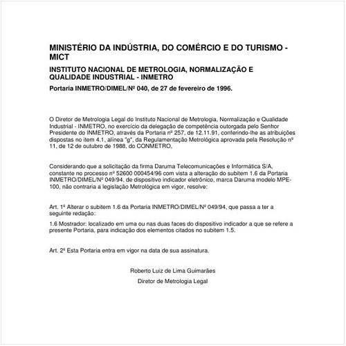 Portaria DIMEL/INMETRO 40:1996 - Situação: Em vigor