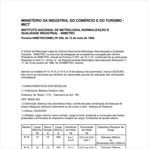 Portaria DIMEL/INMETRO 58:1996 - Situação: Em vigor