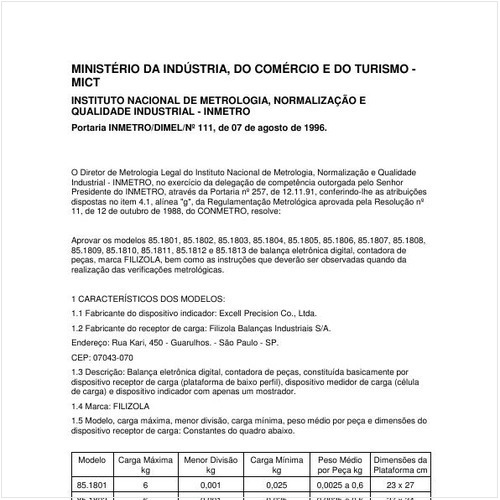 Portaria DIMEL/INMETRO 111:1996 - Situação: Em vigor