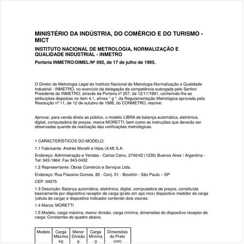 Portaria DIMEL/INMETRO 92:1995 - Situação: Em vigor