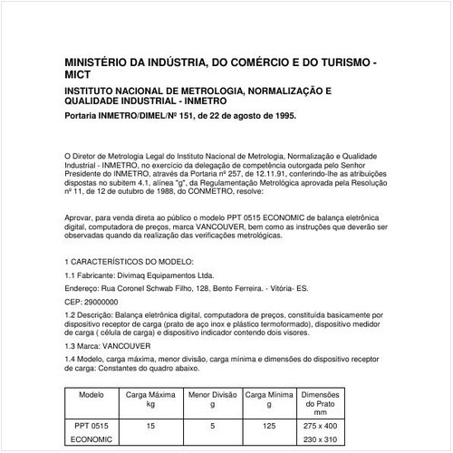 Portaria DIMEL/INMETRO 151:1995 - Situação: Em vigor