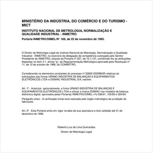 Portaria DIMEL/INMETRO 189:1995 - Situação: Em vigor