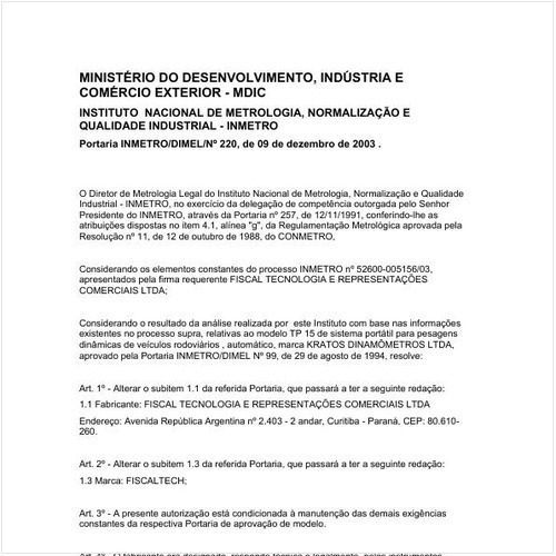 Portaria DIMEL/INMETRO 220:2003 - Situação: Em vigor