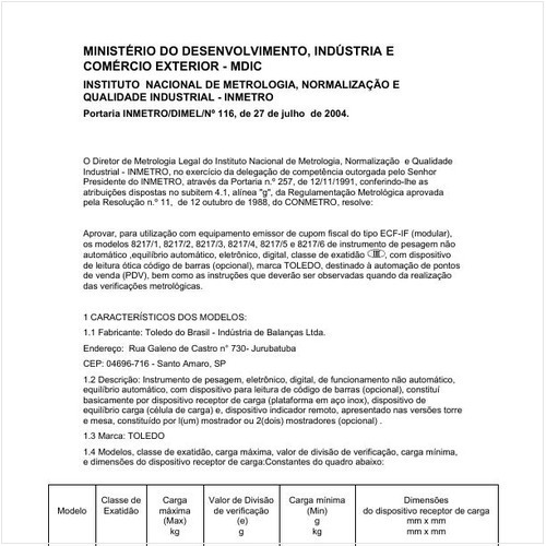 Portaria DIMEL/INMETRO 116:2004 - Situação: Revisto