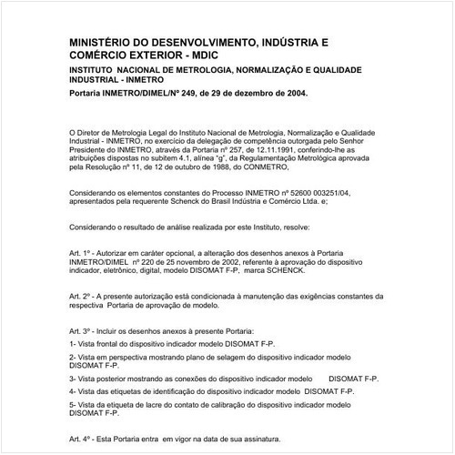 Portaria DIMEL/INMETRO 249:2004 - Situação: Em vigor