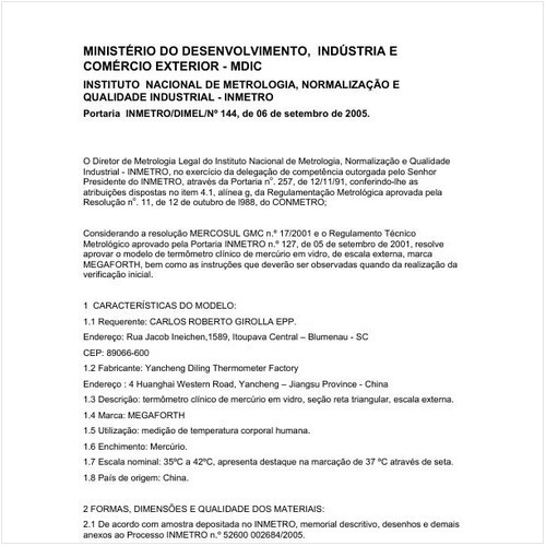 Portaria DIMEL/INMETRO 144:2005 - Situação: Em vigor