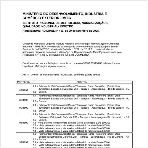 Portaria DIMEL/INMETRO 159:2005 - Situação: Em vigor