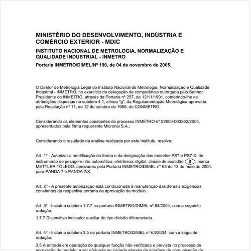 Portaria DIMEL/INMETRO 190:2005 - Situação: Em vigor