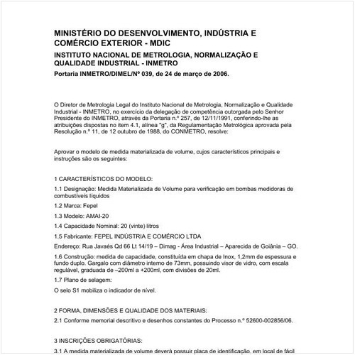 Portaria INMETRO/MDIC 39:2006 - Situação: Em vigor