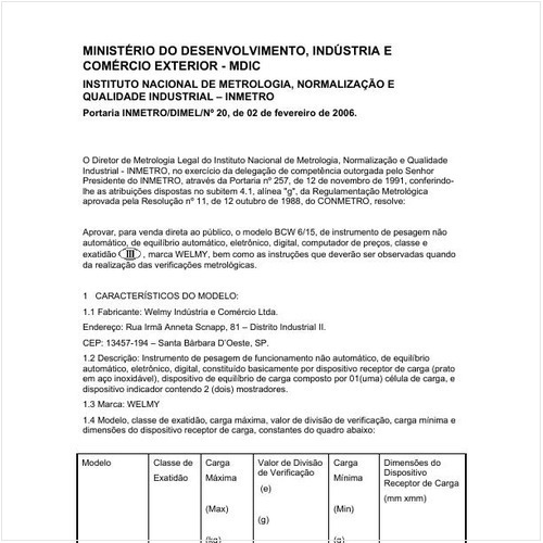 Portaria DIMEL/INMETRO 20:2006 - Situação: Em vigor
