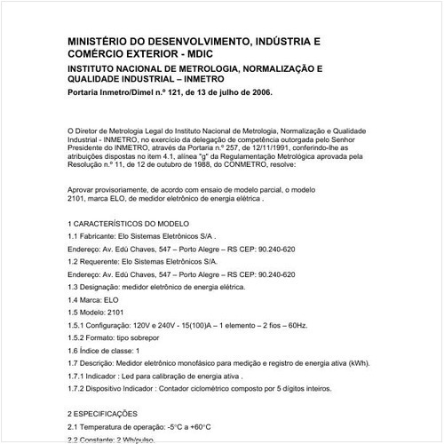 Portaria DIMEL/INMETRO 121:2006 - Situação: Em vigor
