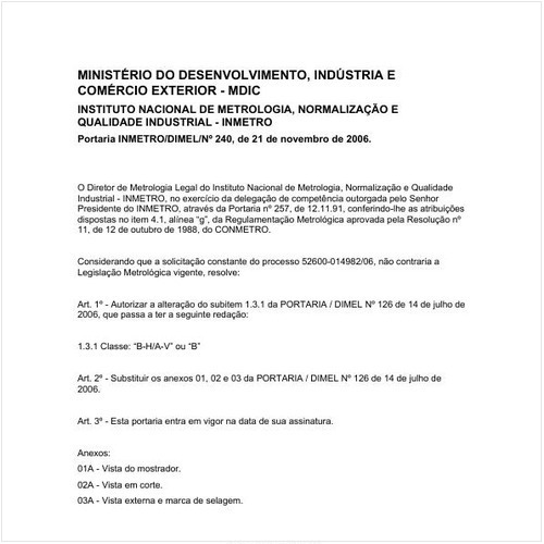 Portaria DIMEL/INMETRO 240:2006 - Situação: Em vigor