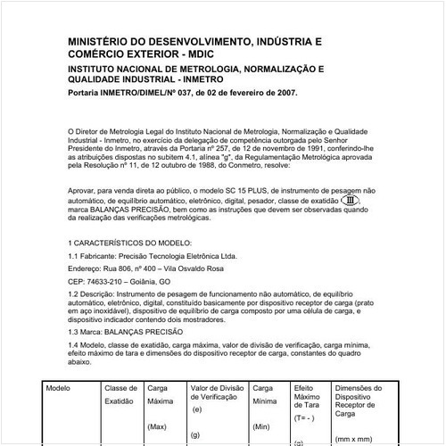 Portaria DIMEL/INMETRO 37:2007 - Situação: Em vigor