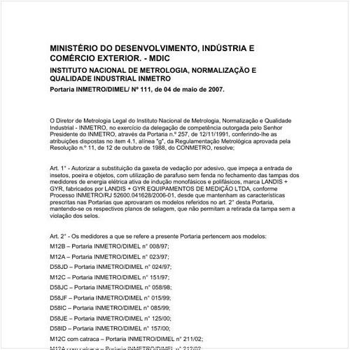 Portaria DIMEL/INMETRO 111:2007 - Situação: Em vigor
