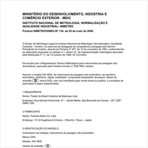 Portaria DIMEL/INMETRO 134:2008 - Situação: Em vigor