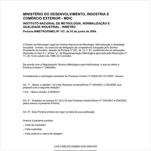 Portaria DIMEL/INMETRO 157:2008 - Situação: Em vigor