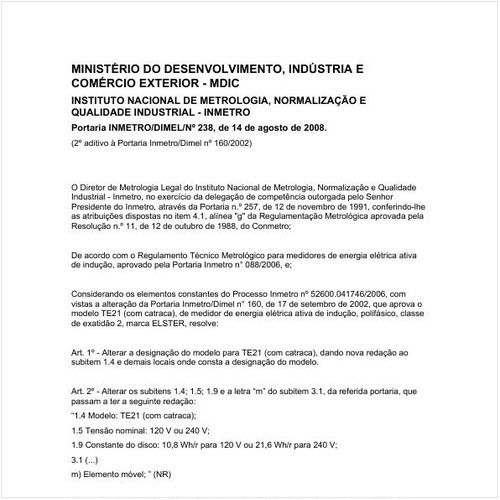 Portaria DIMEL/INMETRO 238:2008 - Situação: Em vigor