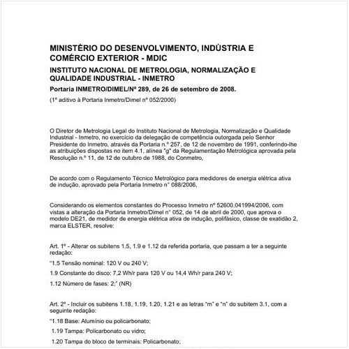 Portaria DIMEL/INMETRO 289:2008 - Situação: Em vigor