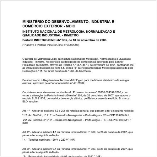 Portaria DIMEL/INMETRO 365:2008 - Situação: Em vigor